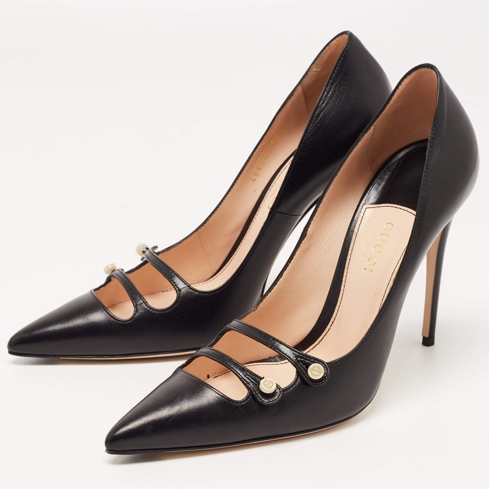 Gucci Black Leather Aneta Point Toe Pumps